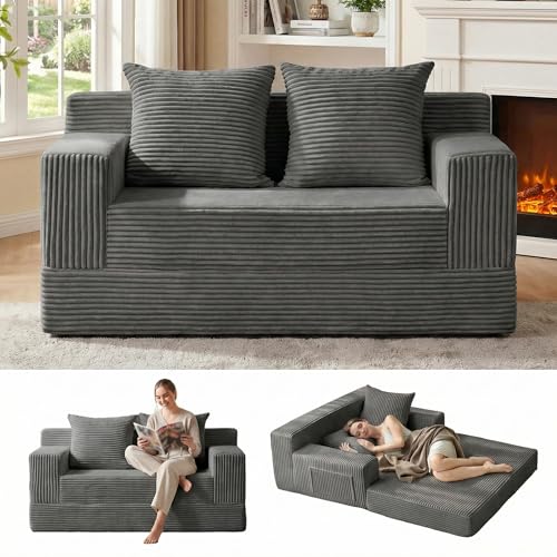 Erament Convertible Sofa Bed, Loveseat Folding Floor Futon Sleeper Sofa Couch Bed- Boneless Foldable Couch, Corduroy Pull Out Sofa Bed with 2 Pillows for Living Room & Bedroom - color: Grey, size: 54''(Lovesat)