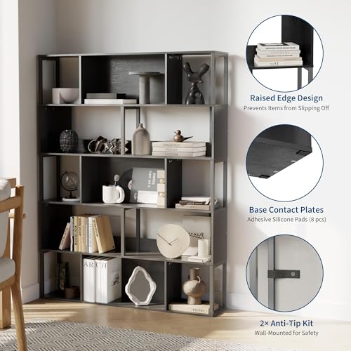 Garvee 5-Tier Bookshelf, Tall Geometric Bookcase, Modern Room Divider & Display Shelf with Anti-Tipping Devices, Mid Century Bookshelf for Living Room, Home Office | Display Shelf with Anti-Tipping Devices, Mid Century Bookshelf for Living Room, Home Offi