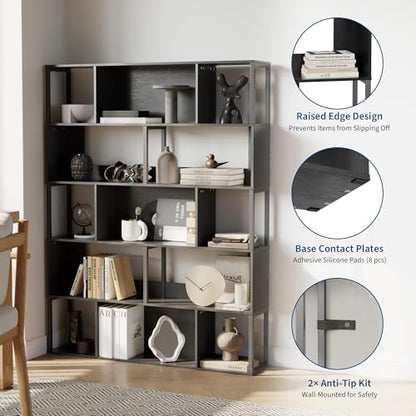 Garvee 5-Tier Bookshelf, Tall Geometric Bookcase, Modern Room Divider & Display Shelf with Anti-Tipping Devices, Mid Century Bookshelf for Living Room, Home Office | Display Shelf with Anti-Tipping Devices, Mid Century Bookshelf for Living Room, Home Offi