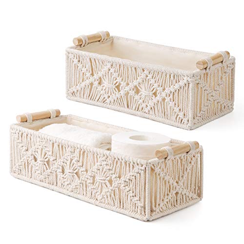 Mkono 2Pc Macrame Storage Basket, Boho Decor Toilet Paper Holder, Ivory | Small Baskets for Organizing, Hand-Woven, Bohemian Beach Coastal Decor, Shelf Vanity Cabinet Bedroom Living Room Office Dorm - color: Ivory