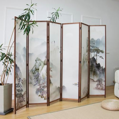 6 Panel Room Divider Screen,Double Faced Room Divider Folding Wall Divider for Room Separation,Mountains and Waters Landscape,67" H x 94.5" W - color: Mountains and Waters, size: 6 Panel