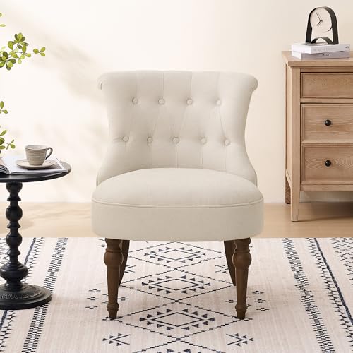 Upholstered Accent Chair, French Country Side Chair (1, Beige) | with Tufted Backrest, Thick Padded Seat and Solid Wood Legs for Bedroom, Living Room, Vanity & Reading Nook - color: Beige