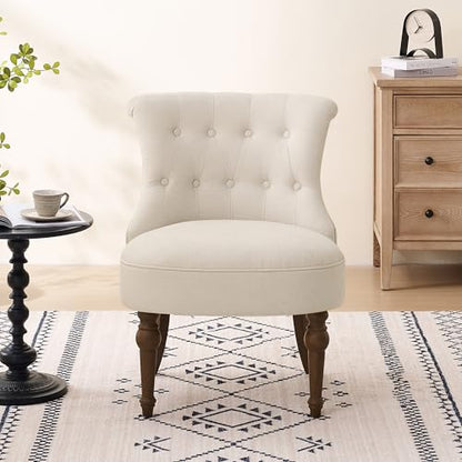 Upholstered Accent Chair, French Country Side Chair (1, Beige) | with Tufted Backrest, Thick Padded Seat and Solid Wood Legs for Bedroom, Living Room, Vanity & Reading Nook - color: Beige