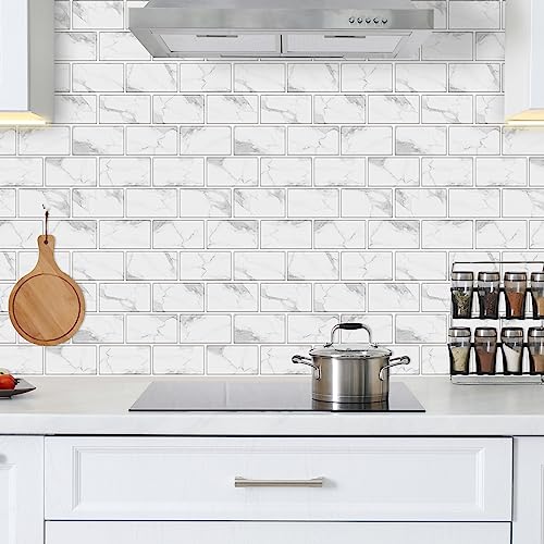 URCOLOR 10-Sheet Backsplash Tile for Kitchen Peel and Stick,12"x12" Self Adhesive Wall Tiles on Back Splashes for Bathroom White Marble Look - color: White