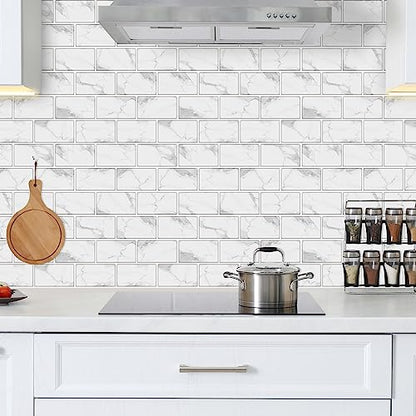 URCOLOR 10-Sheet Backsplash Tile for Kitchen Peel and Stick,12"x12" Self Adhesive Wall Tiles on Back Splashes for Bathroom White Marble Look - color: White
