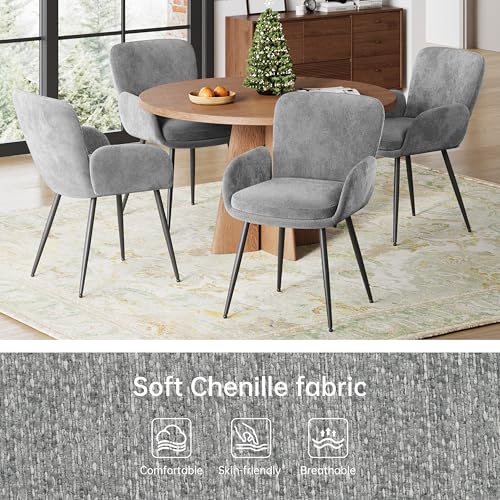 VKNOW Modern Upholstered Dining Chairs Set of 4 with Armrest, Grey | Armed Dining Room Chairs with Metal Legs, Kitchen Chairs for Restaurant Kitchen Living Room - color: Grey, size: Set of 4