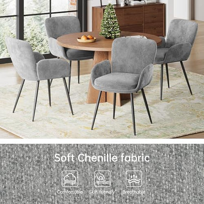 VKNOW Modern Upholstered Dining Chairs Set of 4 with Armrest, Grey | Armed Dining Room Chairs with Metal Legs, Kitchen Chairs for Restaurant Kitchen Living Room - color: Grey, size: Set of 4
