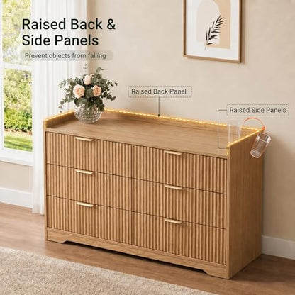 Modern Fluted 6 Drawer Dresser for Bedroom, 47"W x 26"H, Natural Oak | Wooden chest of drawers with metal handles, horizontal TV stand tops, smooth-gliding drawers, anti-drop panels, anti-tip kit - size: 15.6"D x 47.2"W x 26.8"H (6 Drawers)