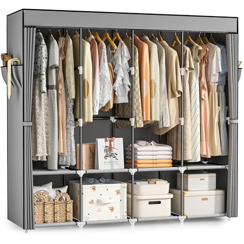 Neatrays Portable Closet, 66 Inch Large Capacity Wardrobe for Closet Organizers and Storage with Non-Woven Fabric Cover, 4 Hanging Rods, 8 Shelves(Grey)
