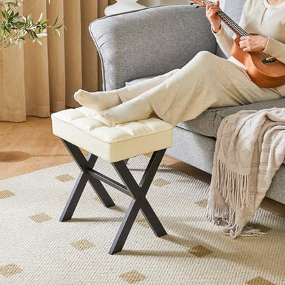 IBUYKE Square Makeup Stool with X-Leg, PU Vanity Chair, White LG-71W | Footrest Ottoman Seat Multi-Use Small Side Table Bedroom Living Room - color: White, size: 17.72"-Leather