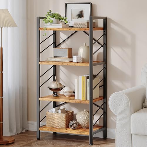 DurayLoly 2 Pieces 4 Tier Bookshelf for Narrow Space, Rustic Brown | Small Space Dwellers , Sidebars and Metal Frame - color: Rustic Brown, size: 4 Tier - 2 pcs