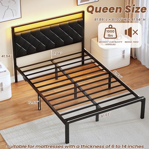 Queen Bed Frame with Headboard PU Leather Upholstered Bed Frame Platform with Charging Station, LED Light, Easy Assembly, Noise Free, No Box Spring Needed, Black - size: Queen (U.S. Standard)