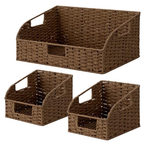 StorageWorks Pantry Storage Baskets, Shelf Baskets, Brown Baskets, 3-Pack | Paper Rope Pantry Baskets, Wicker Baskets with Handles, Handwoven Shelf Baskets for Organizing, Pantry Organizers and Storage - color: Dark Brown(Paper Rope), size: 17"L x 11"W x