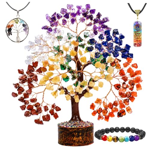7 Chakra Crystal Tree of Life w/Healing Necklace & Chakra Bracelet - Gemstone Money Bonsai Trees for Women,Crystal & Healing Stone, Tree for Home, Office, LivingRoom Decor - color: Seven Chakra Copper Wire Set