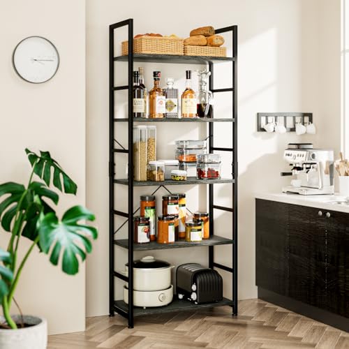 NUMENN 5 Tier Bookshelf, Tall Freestanding Open Storage Bookcase, Dark Grey | Storage Organizer with Metal Frame & Wood Shelves, Support Bars & Adjustable Feet for Bedroom, Living Room & Home Office - color: Dark Grey, size: 5 Tier