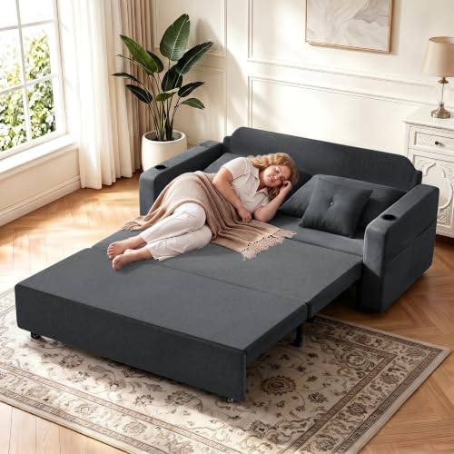 Krcix 3 in 1 Sofa Bed, 56" Pull Out Couch, Convertible Loveseat Sleeper | Sleeper Sofa with Cup Holder, Storage Pocket, USB, Family Couches for Living Room, Bedroom, Apartment, Dark Grey