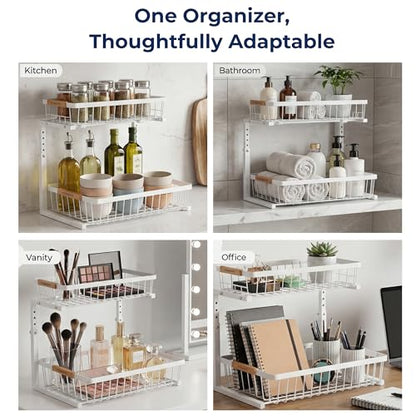 Under Sink Organizer with Motion-Activated LED Lights, 2 Pack, 2 Tier Sliding L-Shaped Carbon Steel Rack with Adjustable Height, Dividers & Hooks (White) - color: White