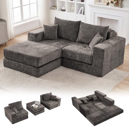 79" Boneless Cloud Loveseat Sofa, Modular Sectional Love Seat with Ottoman, Modern L-Shaped Tufted Convertible Sleeper Sofa Bed for Living Room & Small Spaces, No Assembly Required, Brown - color: Brown, size: 79.5" Tufted Boneless Loveseat