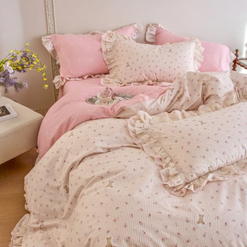 Pink Flower Duvet Cover Set Twin Size, Cute Bear Stripes Bedding Set with Ruffle Lace, 100% Cotton Cottagecore Style Girls Princess Lace Comforter Cover Botanical Floral Duvet Cover with 2 Pillowcases - color: Ruffle 07 - Chic Flower Bear, size: Twin(68"x