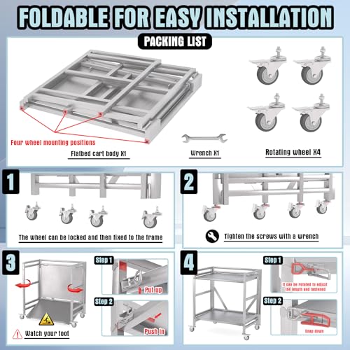 2 Shelf Rolling Cart with Wheels, 660lbs Capacity Collapsible Steel Rolling Utility Cart, Heavy-Duty Foldable Workbench, Metal Rolling Storage Cart with Handle for Groceries, Warehouse (36" Lx26 W) - color: Plate