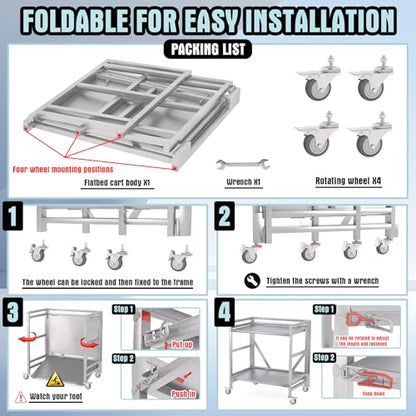 2 Shelf Rolling Cart with Wheels, 660lbs Capacity Collapsible Steel Rolling Utility Cart, Heavy-Duty Foldable Workbench, Metal Rolling Storage Cart with Handle for Groceries, Warehouse (36" Lx26 W) - color: Plate