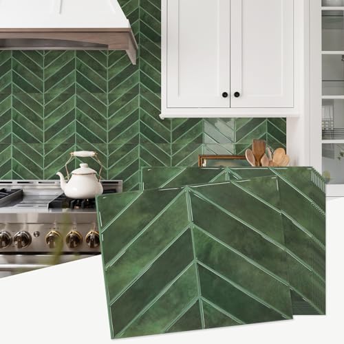 STICKGOO Herringbone Peel and Stick Backsplash, Green, 10 Sheets | 12.6 x 9.7 in, Thicker Rectangular Vinyl Stick-On Wall Tiles, Easy Alignment, Waterproof, Easy to Clean, Kitchen/Bathroom - color: Green, size: Pack of 10