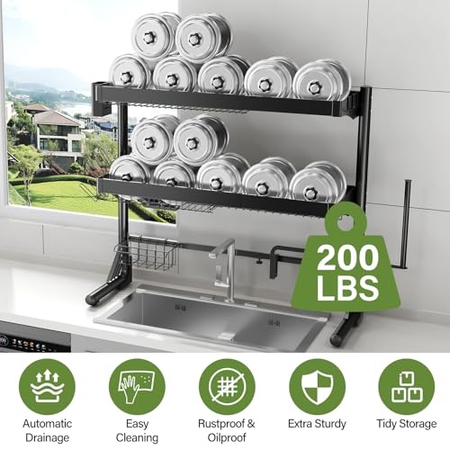 Over Sink Dish Drying Rack, 3-Tier Full Stainless Steel Drainer Dish Rack Adjustable 20.9''-37.4'', Expandable Multifunctional Kitchen Organizer - color: Black, size: 3 Tier with Flat Grid