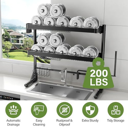 Over Sink Dish Drying Rack, 3-Tier Full Stainless Steel Drainer Dish Rack Adjustable 20.9''-37.4'', Expandable Multifunctional Kitchen Organizer - color: Black, size: 3 Tier with Flat Grid
