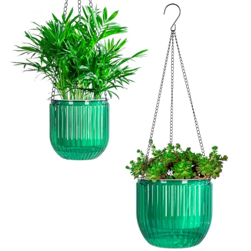 Josteve 5.2/8.2 Inch 2 Pcs Self Watering Hanging Planter Indoor Plant Pots Drainage Holes, Outdoor Small Hanging Planters Flower Pot Basket, Visible Water Level, Plant Hanger Home Decor, Gardening - color: Emerald, size: 2*5.2/8.2 inch