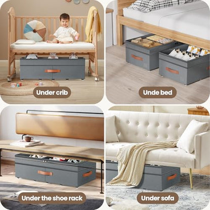 Under Bed Storage with Wheels, 2Pack 71L Under the Bed Storage Containers | Adjustable Underbed Drawer with Lids, Underbed storage Rolling Bin for Shoes, Clothes, Blankets, Grey - size: 8.5-11.5 inch height-grey