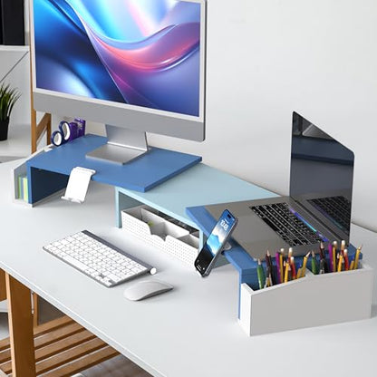 Simple Houseware Desk Dual Monitor Stand Riser with Drawer, Blue | Customizable Organizer Tray, Built-In Phone & Tablet Slot and Side Storage - color: Blue