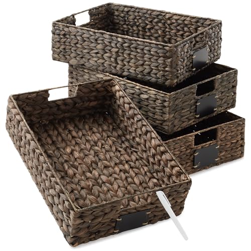 Casafield Set of 4 Water Hyacinth Pantry Baskets, 12-1/2" x 17" x 5", with Chalkboard Labels and Chalk Marker - Espresso, Woven Storage Bin Organizers for Kitchen Shelves - color: Espresso - Hyacinth, size: 12.5" x 17" x 5"