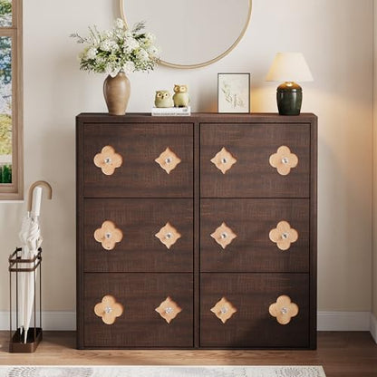 GarveeHome Shoe Storage Cabinet with 6 Flip Drawers, Narrow Wood Shoe Organizer Cabinet with Floral Pattern, Freestanding Slim Shoe Rack Cabinet with Adjustable Shelves, for Entryway, Hallway, Brown | Floral Pattern, Shoe Storage Cabinet for Entryway, Hal