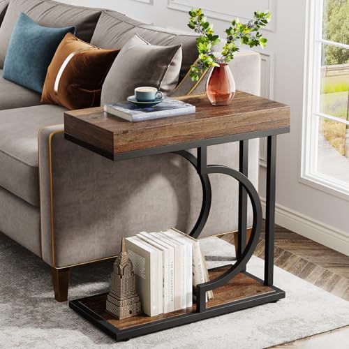 Tribesigns Side Table Set of 2 Narrow Side Table Brown Black C Shaped End Table Modern Bedside Tables for Couch, Small Sofa Tables with Metal Frame for Living Room (2, Rustic Brown+Black) - color: Rustic Brown+black