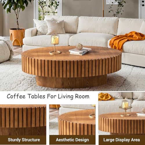 Oval Drum Fluted Coffee Table (E) | Modern Wood Coffee Table with Circle Pedestal Center Tables Fluted Accent Tea Tables for Apartment Living Room - color: E