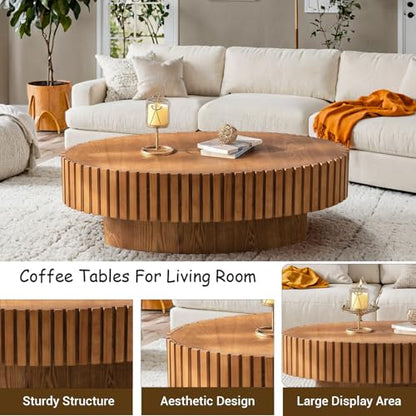 Oval Drum Fluted Coffee Table (E) | Modern Wood Coffee Table with Circle Pedestal Center Tables Fluted Accent Tea Tables for Apartment Living Room - color: E