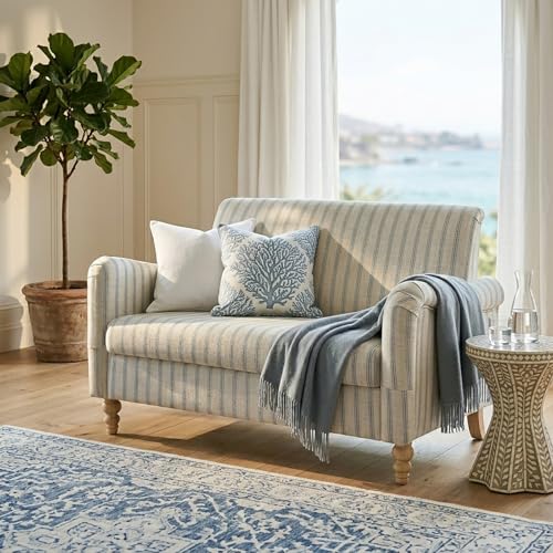HULALA Home 50.5" Loveseat Sofa with Stripe Pattern, 2 Seater Sofa, Blue | Comfy Upholstered Couch, with Solid Wood Spindle Legs and Rolled Wide Armrests, Loveseat Couch for Living Room Bedroom - color: Blue, size: 2-Seater Loveseat