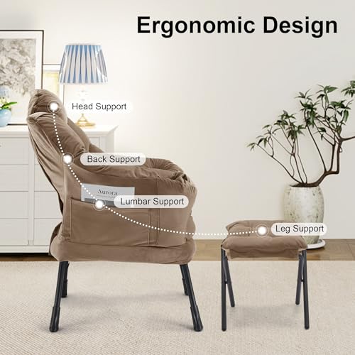 Lazy Chair with Ottoman, Modern Accent Lounge Chair with Side Pocket and Armrests, Cozy Reading Armchair with Footrest, Upholstered Sofa Chair for Small Spaces, Bedroom Living Room, Brown - color: Brown