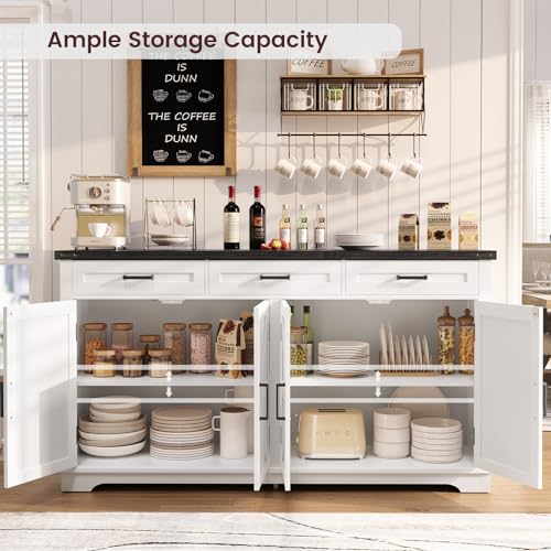 usikey Large Sideboard Buffet Cabinet with 4 Doors and 3 Drawers, Farmhouse Buffet Table, Dining Room Storage Cabinet for Kitchen or Living Room, White