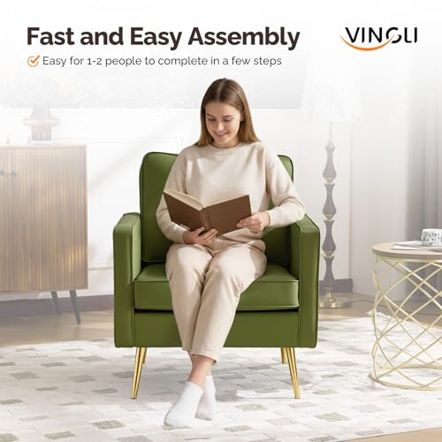 VINGLI Modern Accent Chair, Upholstered Faux Leather PU Armchair with Thick Cushion & Metal Legs, Comfortable Reading Chair for Living Room, Bedroom, Office, Green