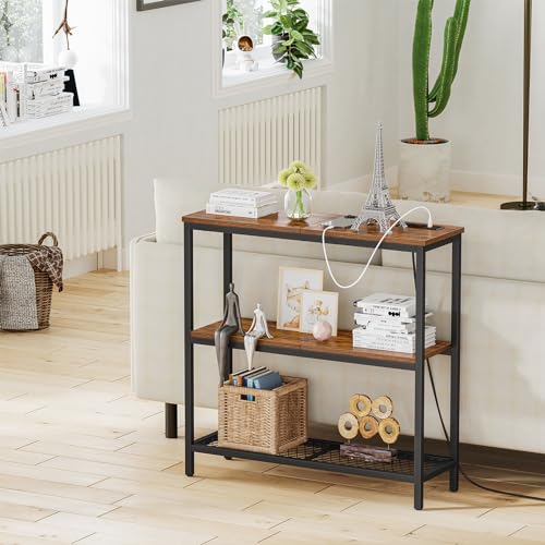 Snughome Console Table with Power Outlets, Entryway Table with Storage, Narrow Sofa Table with 3 Tier Shelves, 2 USB Ports, 2 Power Outlets, Hallway Table for Couch, Living Room, Entrance - color: Rustic Brown