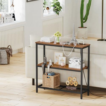 Snughome Console Table with Power Outlets, Entryway Table with Storage, Narrow Sofa Table with 3 Tier Shelves, 2 USB Ports, 2 Power Outlets, Hallway Table for Couch, Living Room, Entrance - color: Rustic Brown
