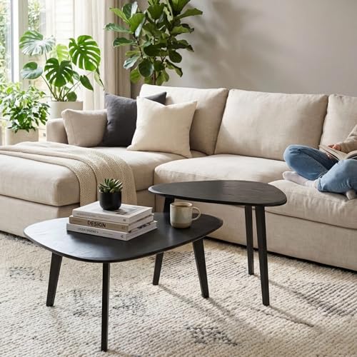 Nesting Coffee Table Set of 2-Mid Century Modern Coffee Table | Guitar Pick Stacking Tables with Solid Wood Legs,Small Coffee Tables for Small spaces,Living Room,Balcony - color: Black