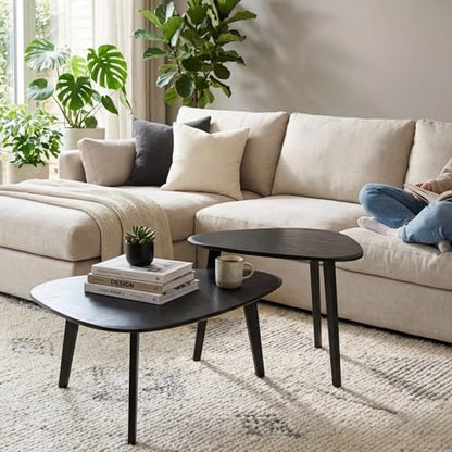 Nesting Coffee Table Set of 2-Mid Century Modern Coffee Table | Guitar Pick Stacking Tables with Solid Wood Legs,Small Coffee Tables for Small spaces,Living Room,Balcony - color: Black