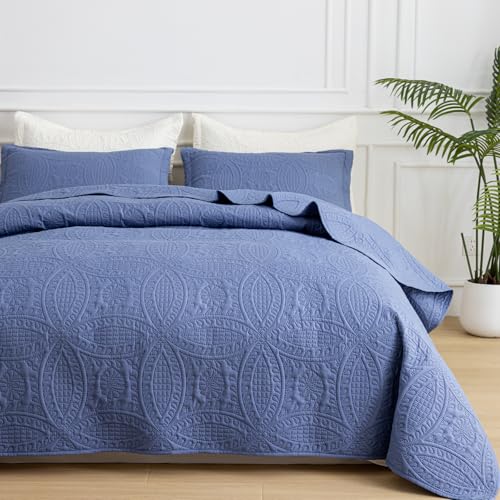SheRest Full Quilt Bedding Set - Grayish Blue Soft Breathable Bed Quilts, Modern Style Embossed Bedspreads, Lightweight Microfiber Reversible Coverlet for All Seasons-3 pieces (1 Quilt,2 Pillow Shams) - color: Grayish Blue, size: Full (80" x 90")