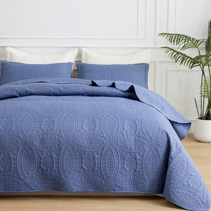 SheRest Full Quilt Bedding Set - Grayish Blue Soft Breathable Bed Quilts, Modern Style Embossed Bedspreads, Lightweight Microfiber Reversible Coverlet for All Seasons-3 pieces (1 Quilt,2 Pillow Shams) - color: Grayish Blue, size: Full (80" x 90")
