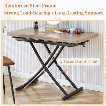 Adjustable Height Coffee Table, Folding Dining Table, Wood & Black | Convertible lift top table for use as a coffee table, dining table, home office desk or vanity - color: Wood & Black Legs