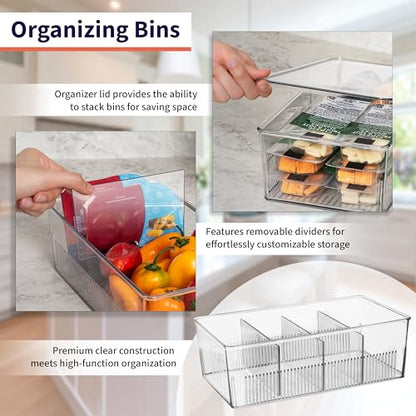 ClearSpace Pantry Organizer Storage Bin with Divider & Lid, 2 Pack | Storage bin with removable divider and lid for organizing pantry items and kitchen storage - size: 10" x 6" x 3" - 2 Pack