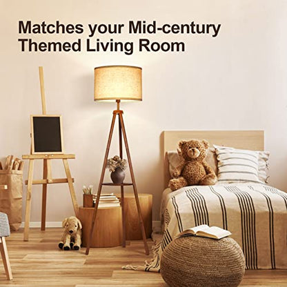 OUTON Wood Tripod Floor Lamp with Shelves, Mid Century LED Modern Dimmable Floor Lamp with Remote Control, Sturdy Tall Standing Lamp with Beige Linen Texture Shade for Living Room, Bedroom, Office - color: Walnut