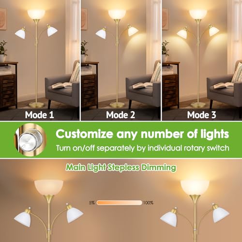 Coucrek Floor Lamp for Living Room,72" Dimmable Torchiere Lamp with 2 Reading Lights for Bedroom, Gold Tall Standing Room Lamp, 3 Bulbs Included - color: Gold